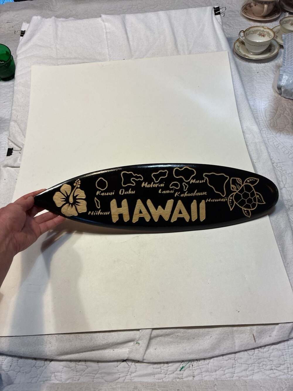 Vintage Hawaiian Islands Hand Carved Wood Surfboard Wall Decor 20-inch